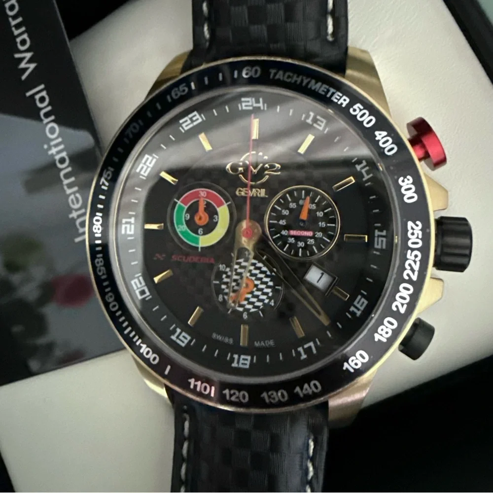 NEW GV2 BY GEVRIL Scuderia Chronograph Tachymeter Black Dial Men's Swiss Watch